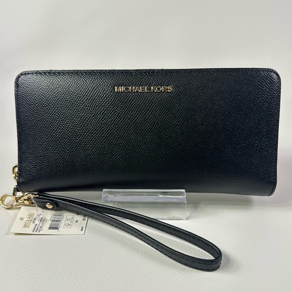 NWT Women’s Michael Kors Jet Set Travel Black Leather Wallet/Wristlet - Picture 1 of 6